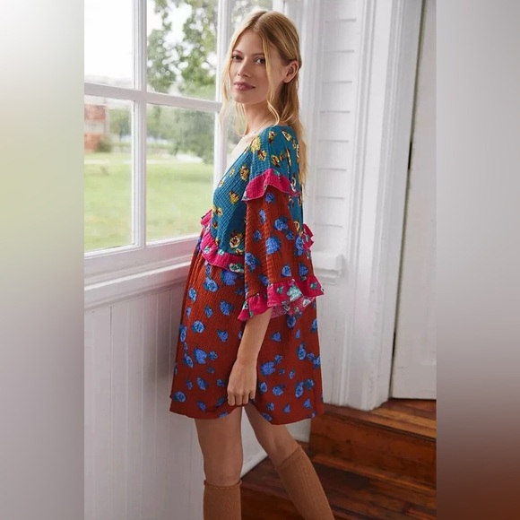 By Anthropologie Ruffled Sleep Mini Dress - Floral Patchwork - Size Small Petite - Picture 2 of 13